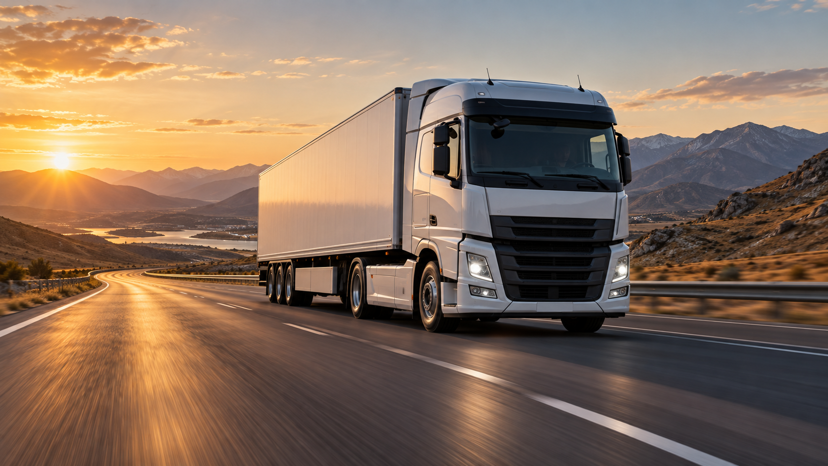 Illustration of an unbranded truck on an open mountain road